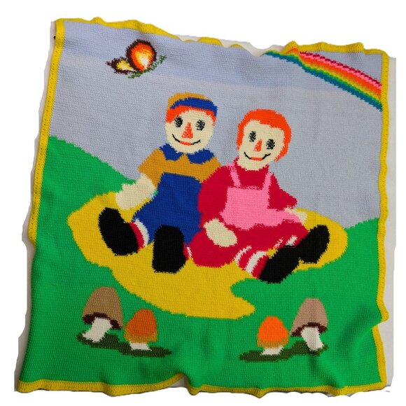 Raggedy Ann And Andy Crocheted Throw Blanket OOAK Vintage Retro Mushroom 50”x49" - Picture 9 of 9